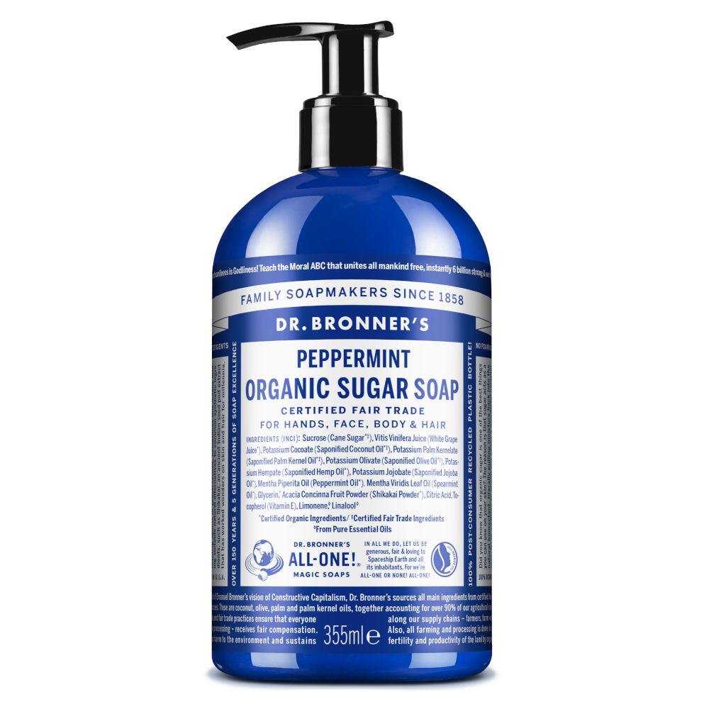Dr. Bronner's Sapone di Zucchero Bio Menta Piperita 355 ml liquido