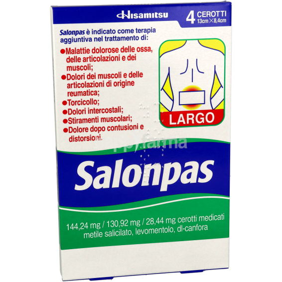 Salonpas Cerotti Medicati per Dolori Muscolari Articolari e Reumatici Misura 13 x 8,4 cm, 4 Cerotti