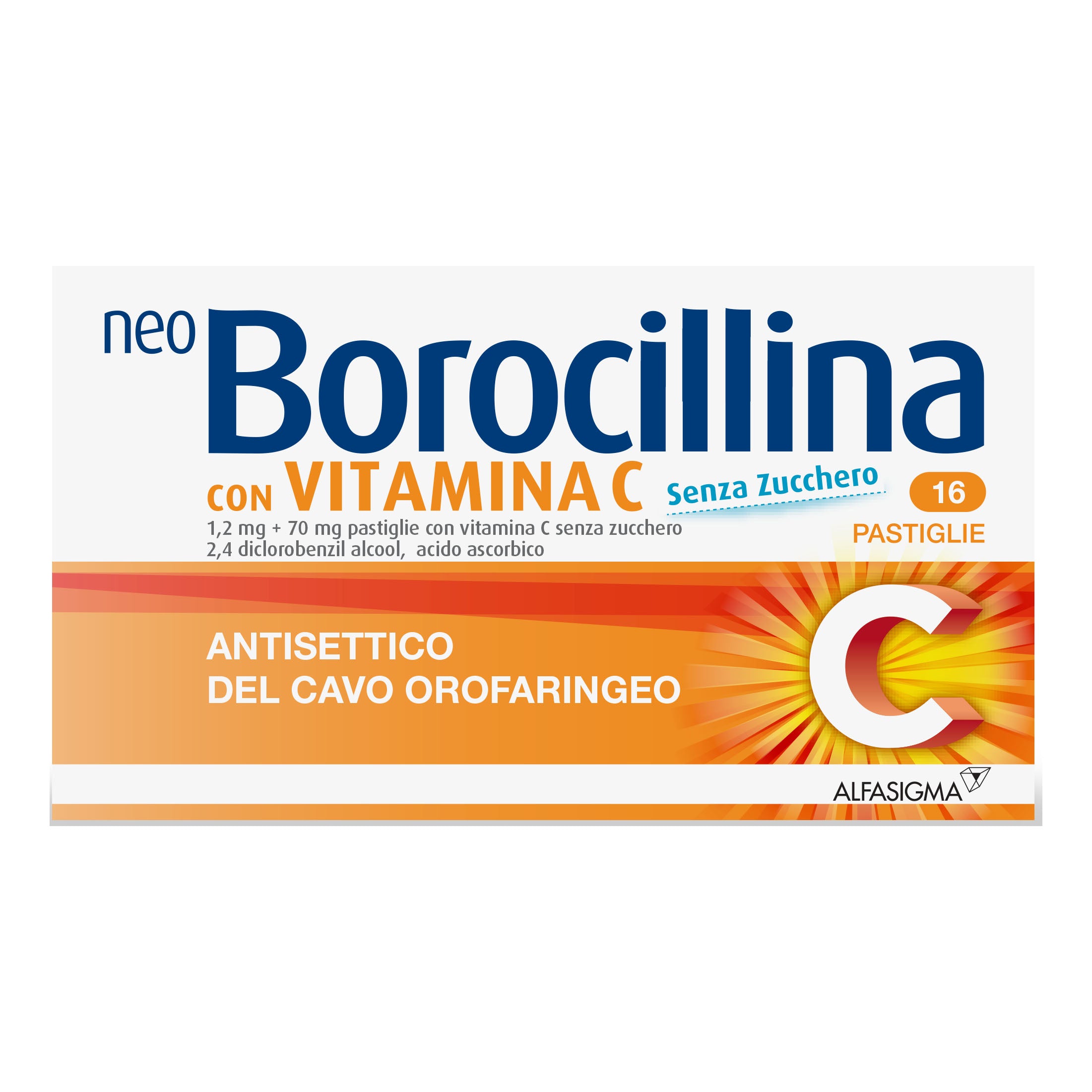 Alfasigma Neoborocillina con Vitamina C Senza Zucchero Antisettico del Cavo Orofaringeo Disinfettante Gola, 16 Compresse — confronto prezzi