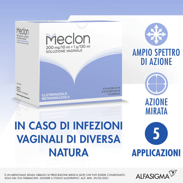 Meclon Soluzione Vaginale Rimedio Intimo, Candida 200 mg/10 ml + 1 g/130 ml 5 Flaconi + 5 Cannule