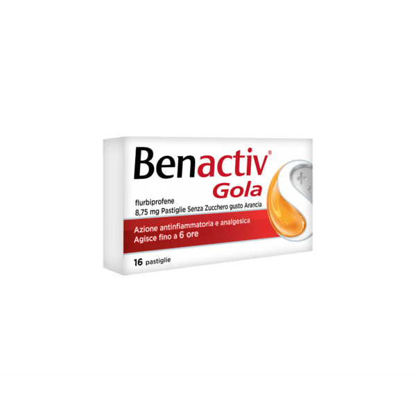 Benactiv Gola Pastiglie Per il Mal di Gola Gusto Arancia Senza Zucchero 16 Pastiglie