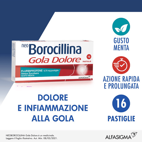 NeoBorocillina Gola Dolore 8,75mg Menta Senza Zucchero 16 Pastiglie Mal Di Gola