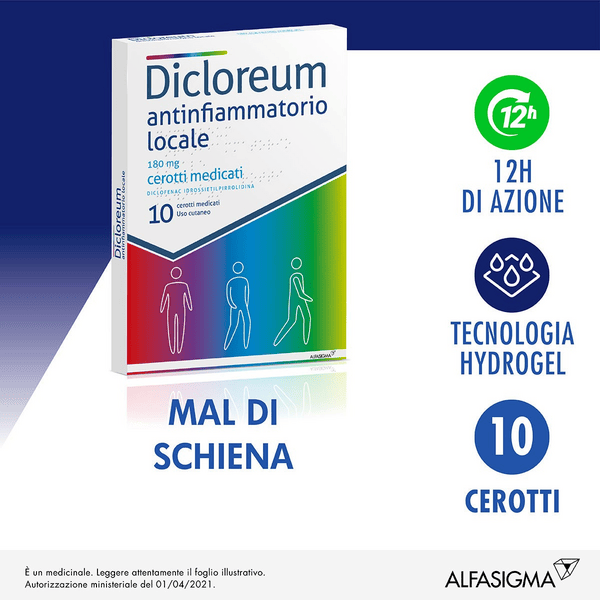 Dicloreum Antinfiammatorio Locale 180 Mg Diclofenac Per Dolori Muscolari, Dolori Articolari, Traumi 10 Cerotti Medicati