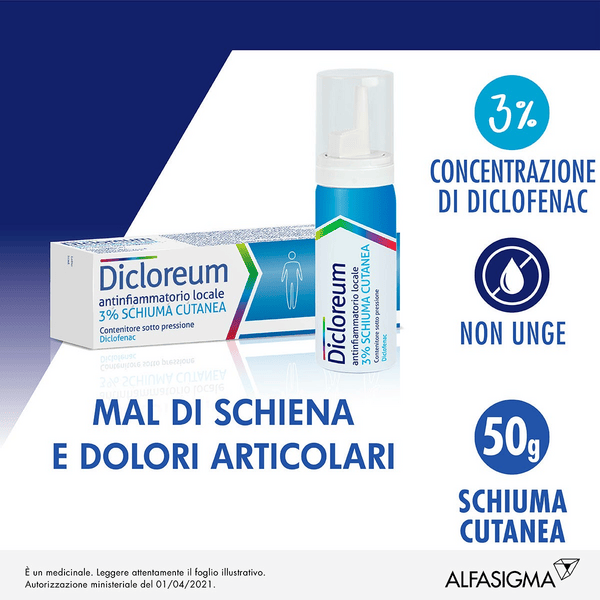 Dicloreum Antinfiammatorio Locale 3% Schiuma Cutanea Utile In Caso Di Dolori Muscolari, Dolori Articolari, Traumi 50g