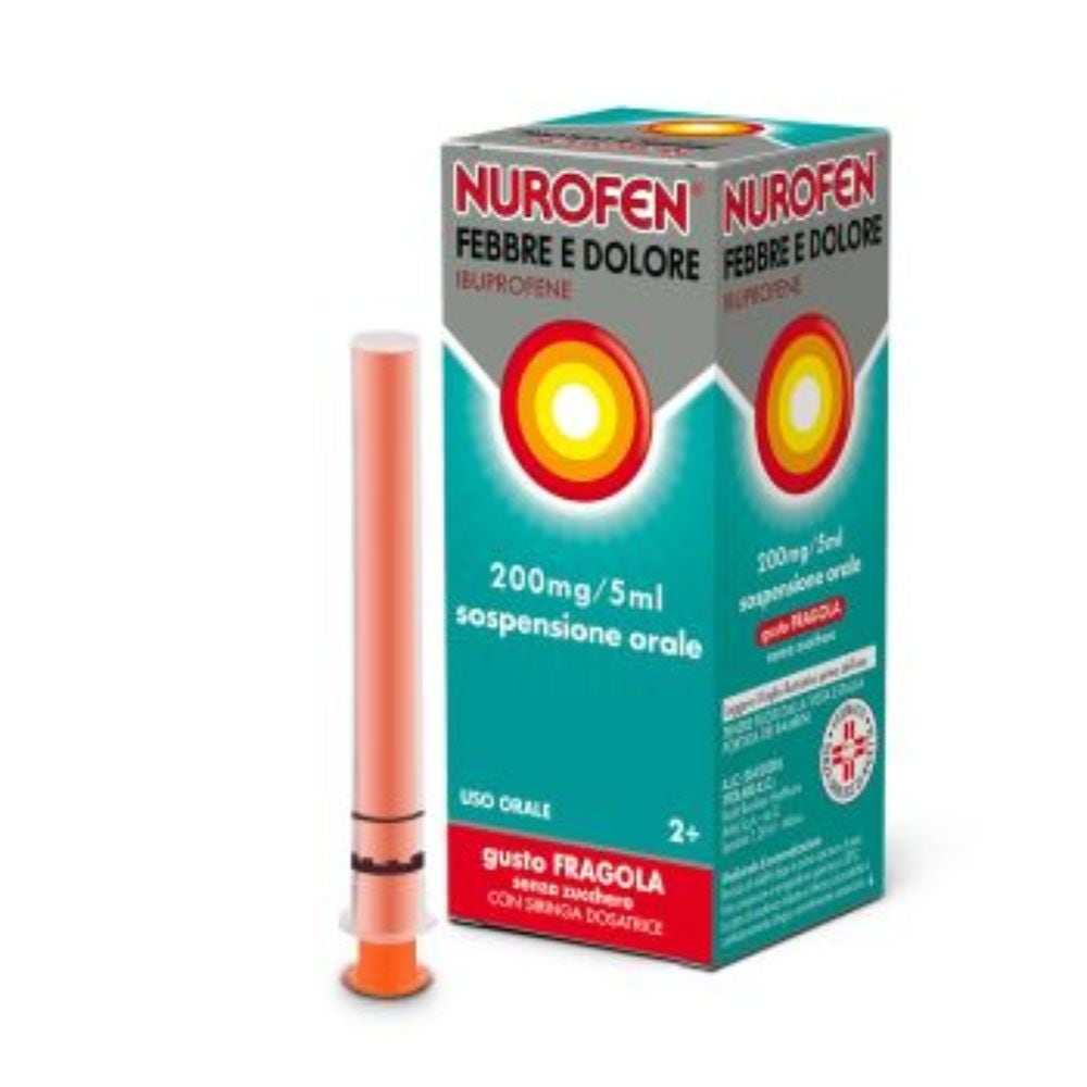 Nurofen Febbre e Dolore Bambini 200mg/5ml Ibuprofene Sospensione Orale Gusto Fragola Senza Zucchero, 100ml