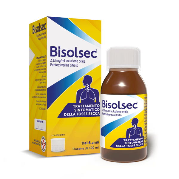 Bisolsec Sciroppo Tosse Sedativo 190 ml Adulti e Bambini 6+ Azione Rapida Per Tosse Secca