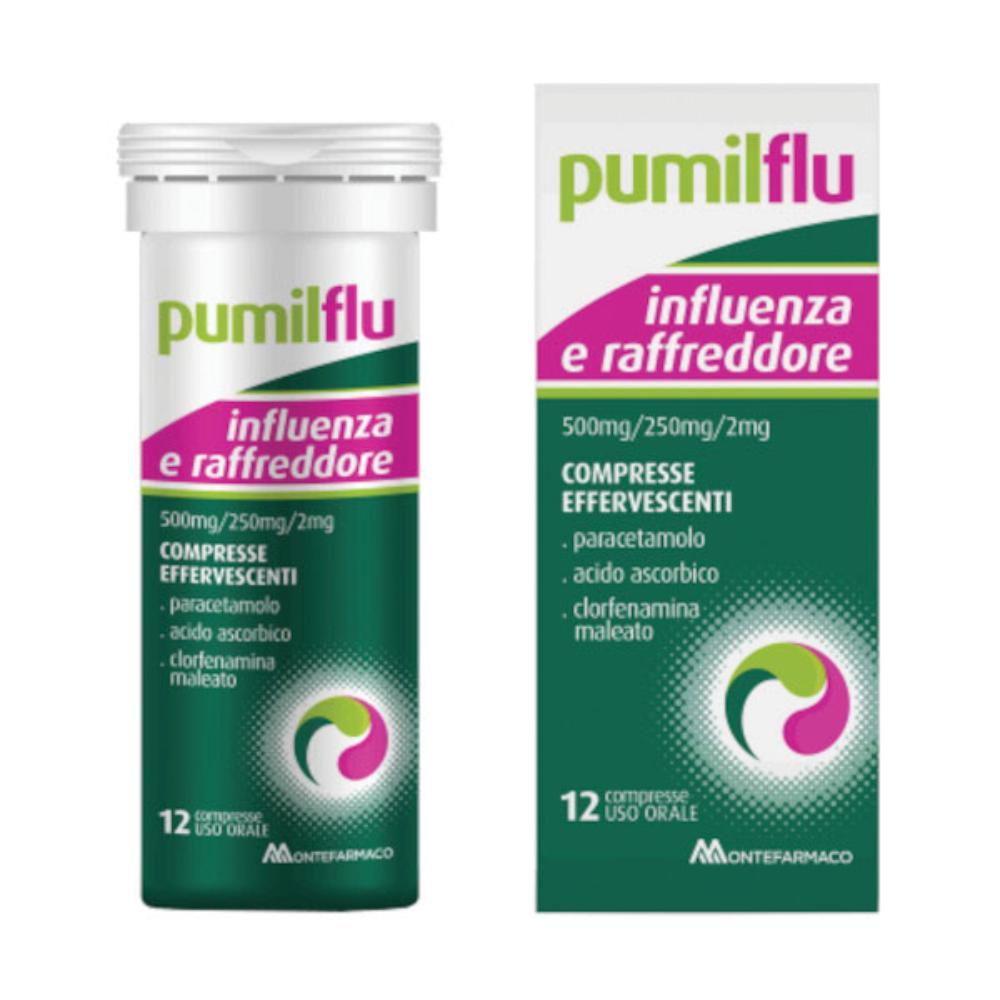 PUMILFLU Influenza e Raffreddore 500 mg/250 mg/2 mg compresse effervescenti 12 pz Compresse