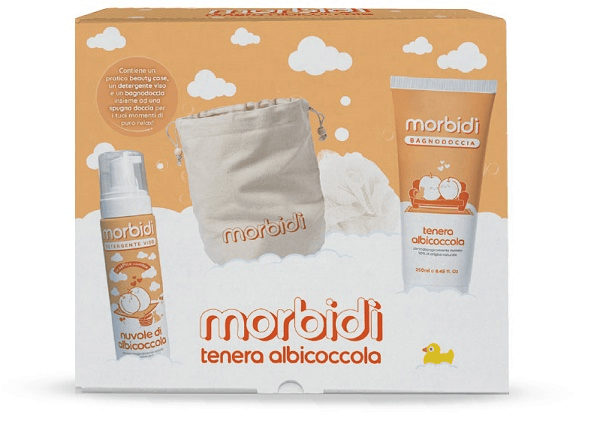 Morbidì Tenera Albicoccola Cofanetto con Spugna + Bagnodoccia Albicoccola +Detergente viso e Beauty Case in Regalo