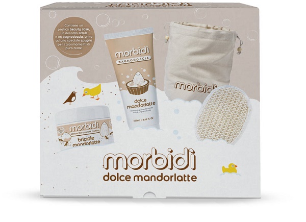 Morbidì Kit Mandorlatte - Set corpo con bagnodoccia scrub spugna e beauty case