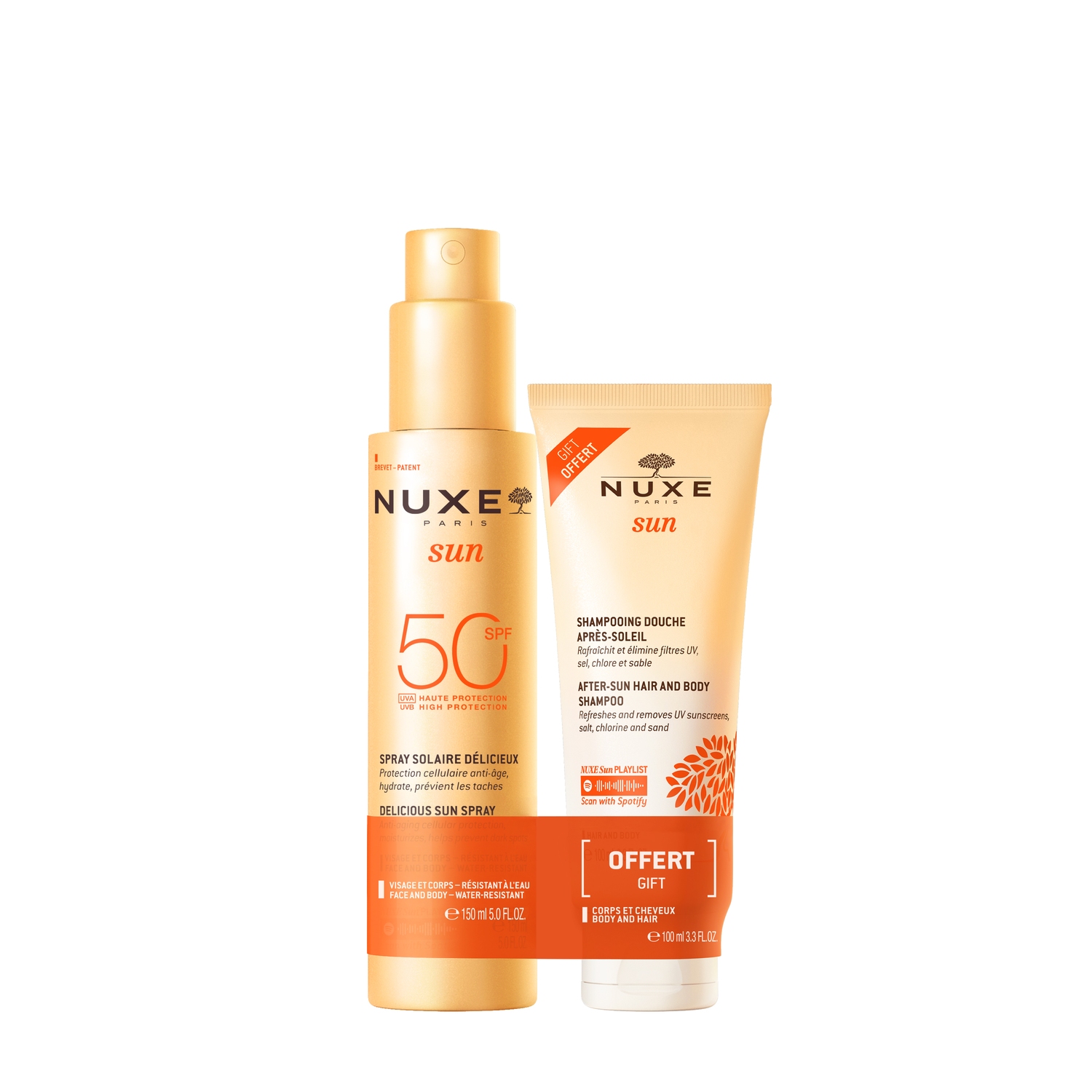 NUXE SUN Duo Spray Solare ad Alta Protezione SPF50 per Viso e Corpo + Shampoo Doccia Doposole 1 pz Olio