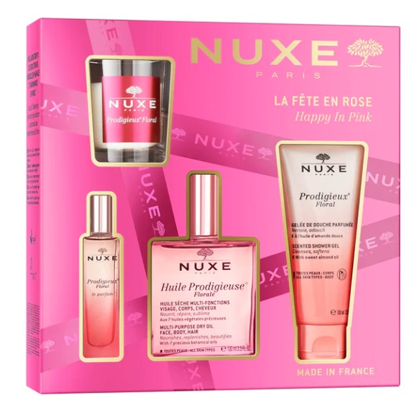 Nuxe La Fête En Rose Happy In Pink Florale Cofanetto Con Olio Secco 100ml + Profumo 15ml + Gel Doccia 100ml + Candela Profumata 70 Grammi