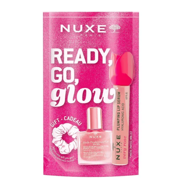Nuxe Ready Go Glow Pink Kit Promo con Siero Gloss Labbra Volumizzante, Huile floral or ed Elastico Capelli in Regalo