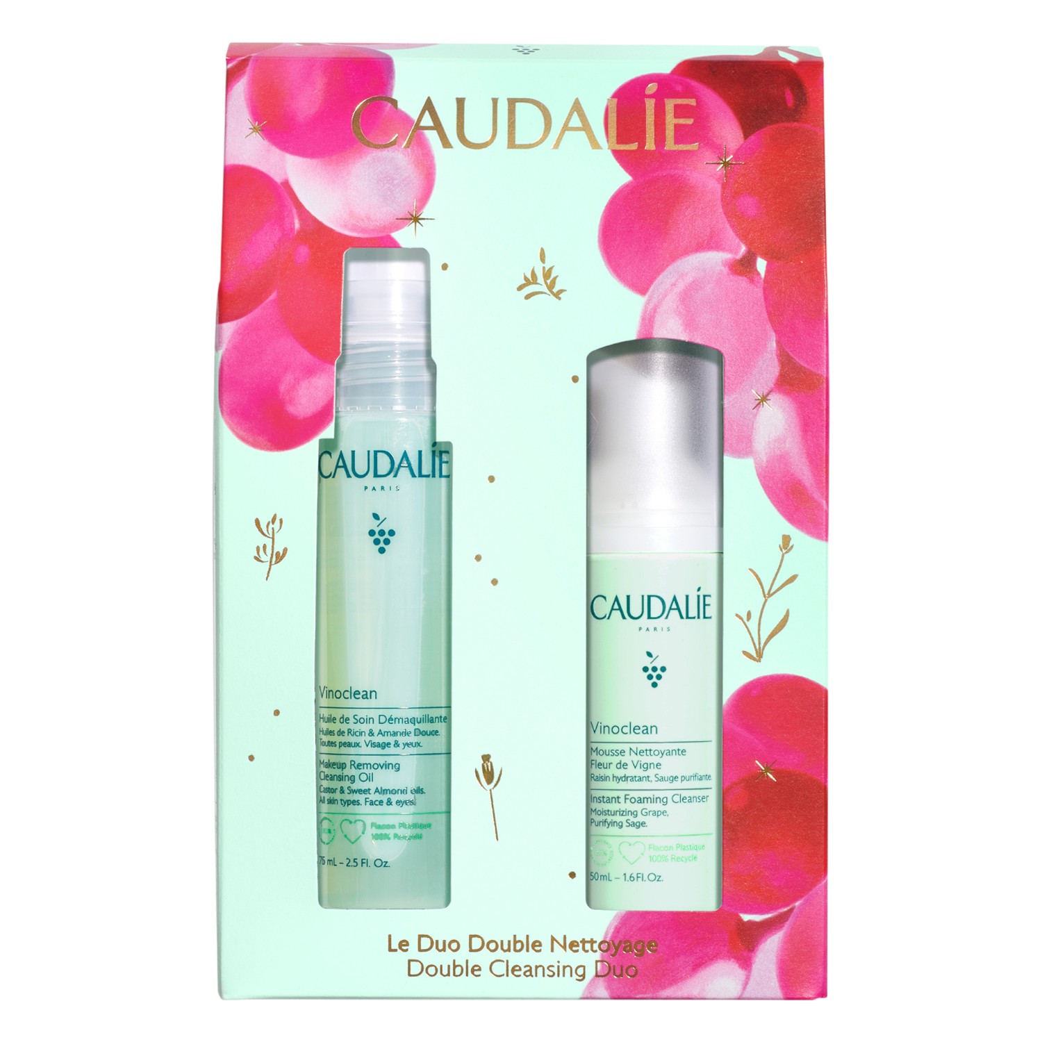 Caudalie Vinoclean duo set xmas doppia detersione olio struccante - 75ml + mousse detergente - 50ml