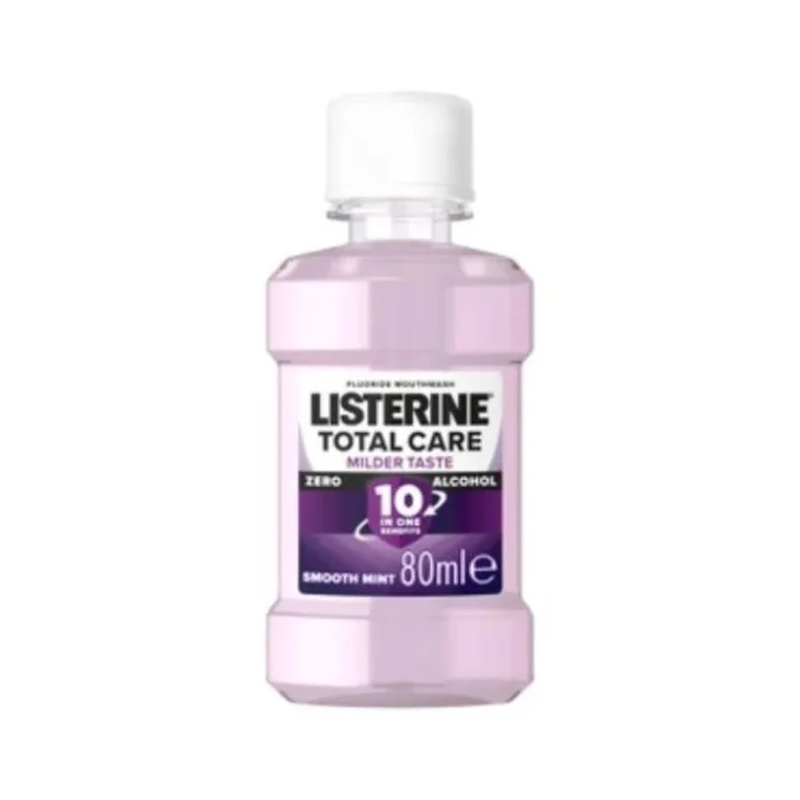 Listerine Collutorio Total Care Collutorio da Viaggio per una Protezione Completa Gusto Menta Pura con Fluoro Denti Forti e Gengive Sane, 80ml