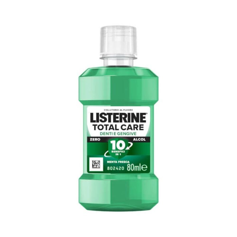 Listerine Collutorio Total Care Denti e Gengive Gusto Delicato 0% Alcol Gusto Menta Fresca con Fluoro Denti Forti e Gengive Sane, 80ml