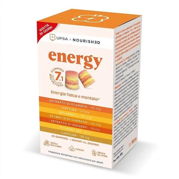 UPSA Energy Integratore Guaranà Caffeina Vitamina C e B12 30 Gummies Gusto Frutta