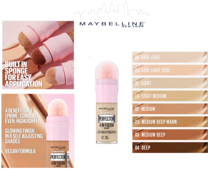 MAYBELLINE - Instant Age Rewind Perfector 4-In-1 Glow Makeup - Fondotinta Illuminante N.01 Light