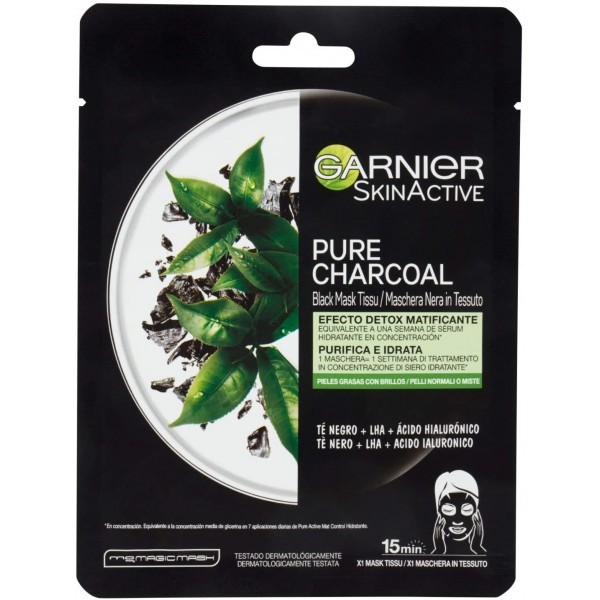 GARNIER - Pure Charcoal - Maschera Viso in Tessuto Idratante e Purificante per Pelli Normali o Miste