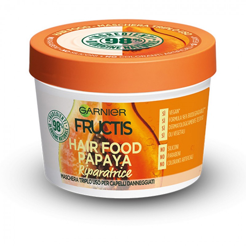 Garnier Maschera Riparatrice Fructis Hair Food, riparatrice 3in1 con formula vegana per capelli danneggiati, Papaya, 390 ml