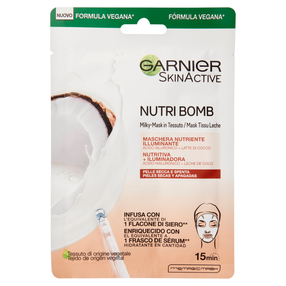Garnier Maschera Viso in Tessuto Nutriente Illuminante NutriBomb con Latte di Cocco e Acido Ialuronico 28 g viso
