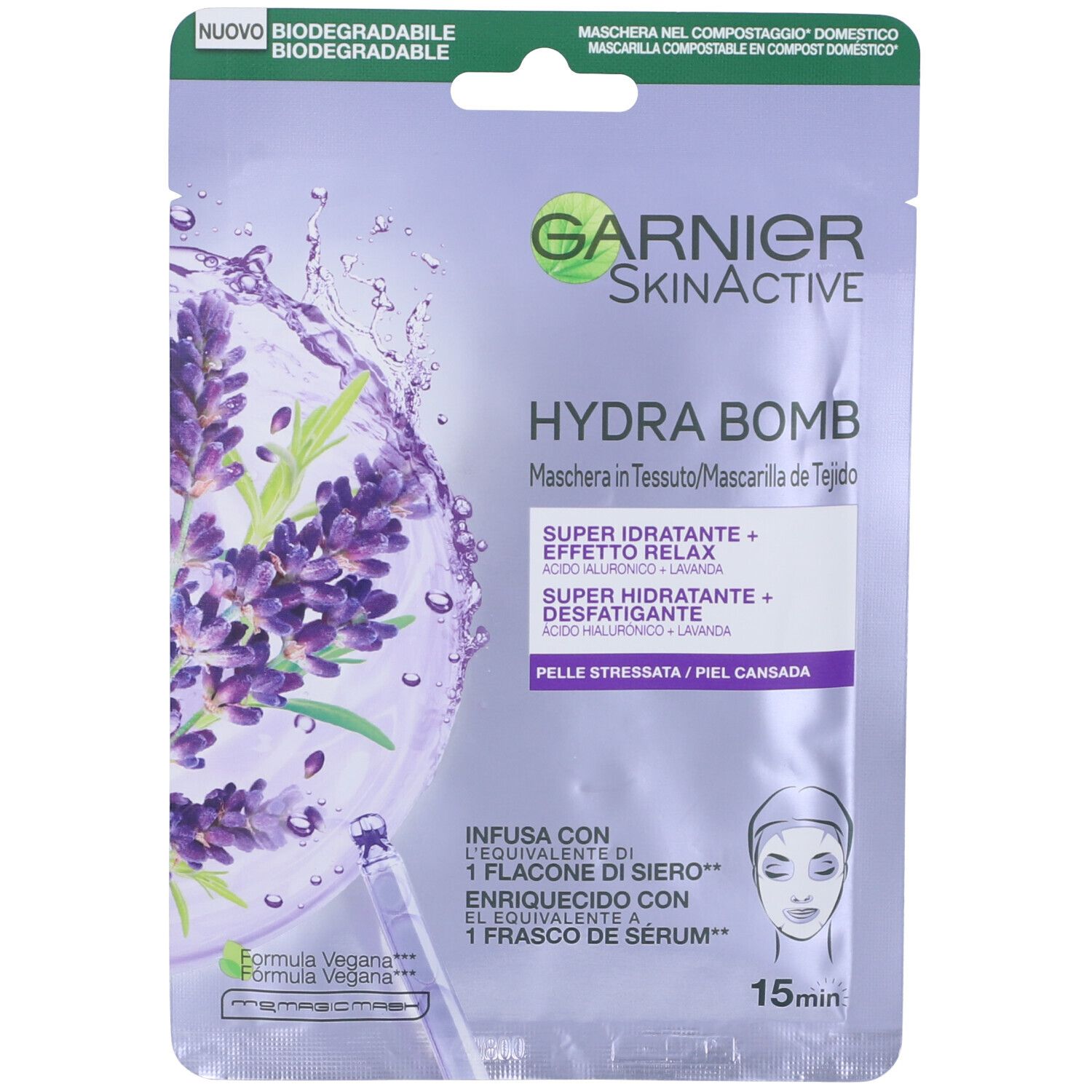 Garnier Maschera in Tessuto Skin Active Hydra Bomb Lavanda, Formula Super Idratante ed Effetto Relax, Per Pelli Stressate, con Acido Ialuronico e Lavanda 1 St