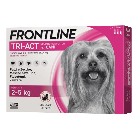 Frontline Tri-Act x3 Pipette, Antiparassitario Per Cani e Cuccioli (Taglia XS 2-5Kg) Contro Pulci, Zecche, Zanzare, Pappataci e Leishmaniosi