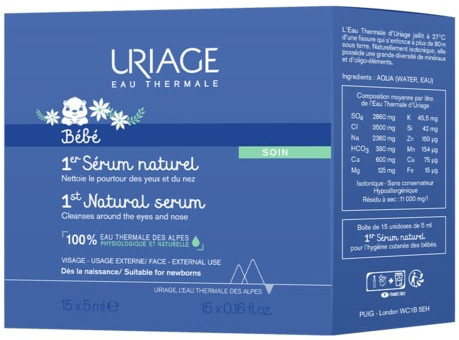 Uriage Bébé 1° Siero Fisiologico Naturale Sterile 5 ml x 15 Fiale Detergente Naso e Occhi Neonati e Bambini