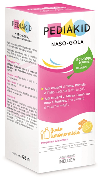 Pediakid Naso-Gola Integratore Bambini per Mal di Gola e Naso Chiuso Sciroppo Gusto Limone e Miele 125 ml