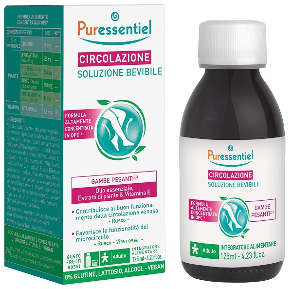 Puressentiel Circolazione Soluzione Bevibile 125 ml Integratore Alimentare per Microcircolo e Gambe Pesanti