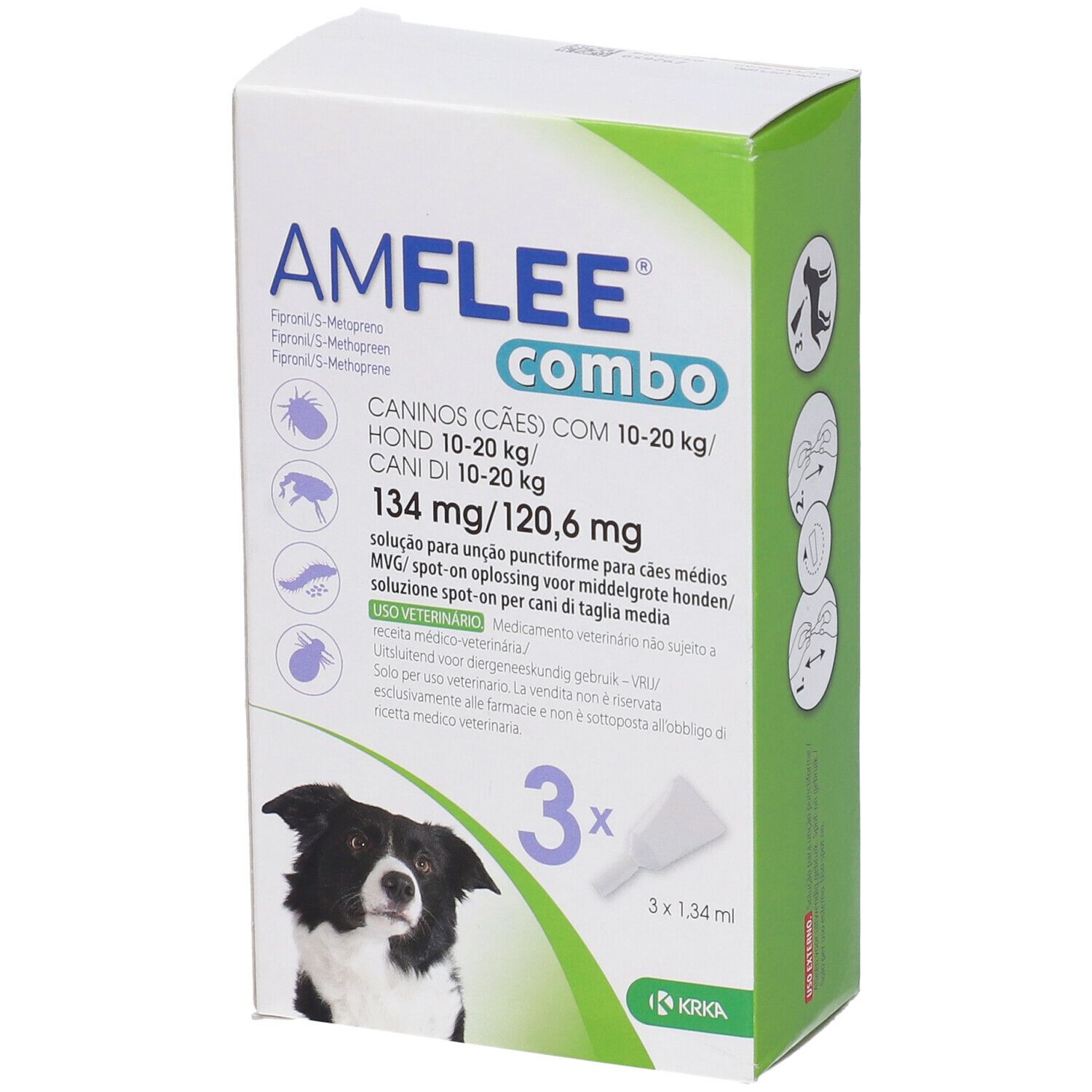 Amflee Combo Spot-On Soluzione per Cani 3 Pipette da 1,34ml 10-20kg - Antiparassitario per Cani di Taglia Media, Protezione Contro le Pulci e le Zecche