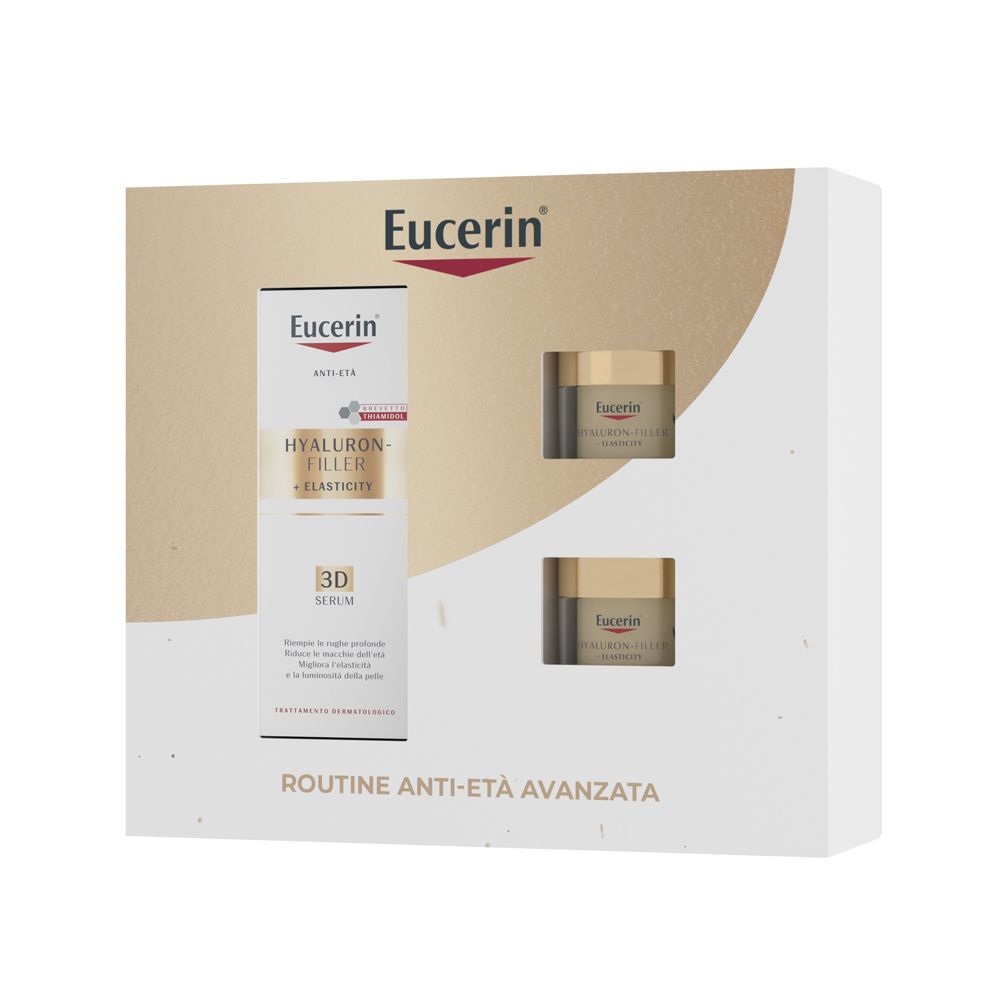 Eucerin Skincare Kit Routine Anti-Età Avanzata, Cofanetto regalo donna beauty antimacchie con Hyaluron-Filler+Elasticity Siero Viso 3D Serum, Mini Crema Giorno SPF30 e Notte 1 pz Set