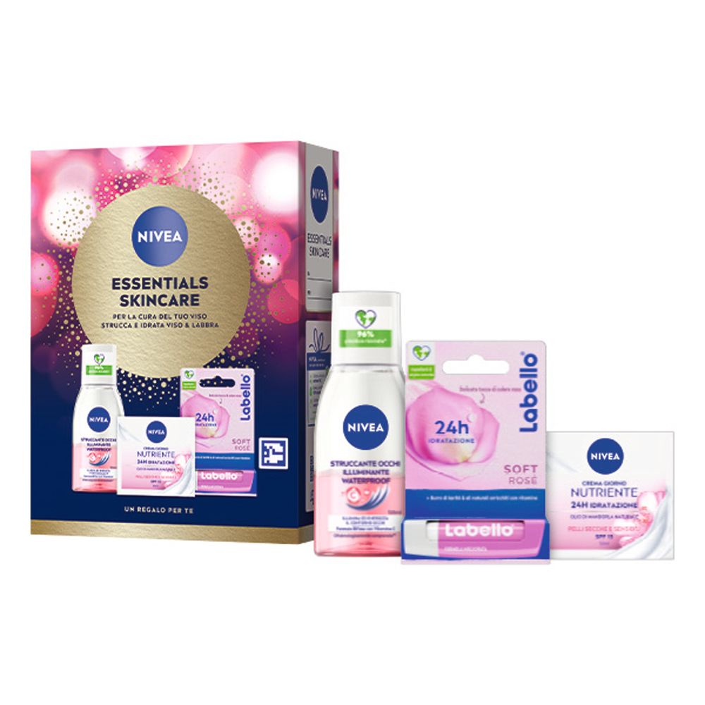 NIVEA Essentials Skincare Kit cofanetto regalo donna, Set donna con Crema Viso Idratante Nutriente 50 ml, Struccante Occhi Waterproof 125 ml e Burrocacao Labbra Labello Soft Rosé 4.8 g 1 pz
