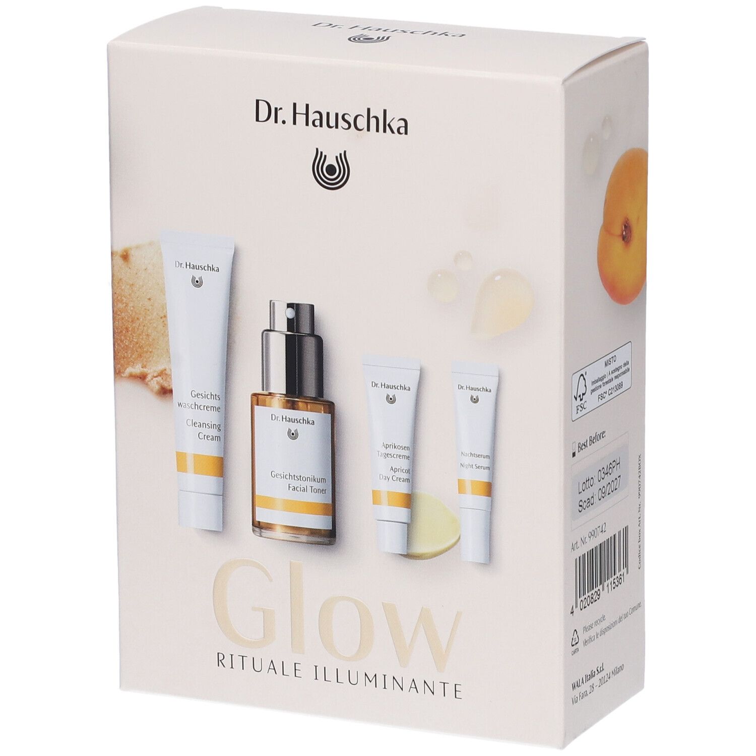 Dr Hauschka Discovery Kit Glow Rituale Illuminante Crema Detergente + Lozione Tonificante all'Albicocca Siero Notte 1 pz Set
