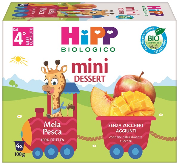 Hipp Biologico Mini Dessert Merenda Di Frutta Mela e Pesca 4x100g