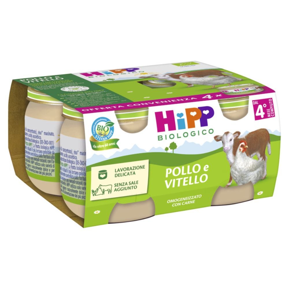 HiPP Biologico Omogeneizzato di Pollo e Vitello dai 4+ Mesi, 4 x 80g