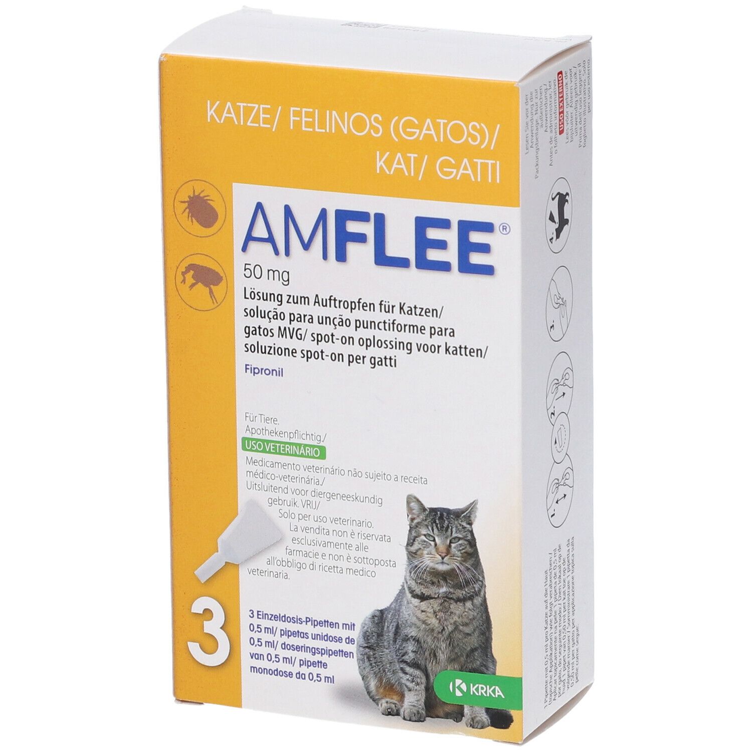 AMFLEE Antiparassitario Gatti KRKA, 3 Pipette da 0,5 ml - Protezione Pulci e Zecche