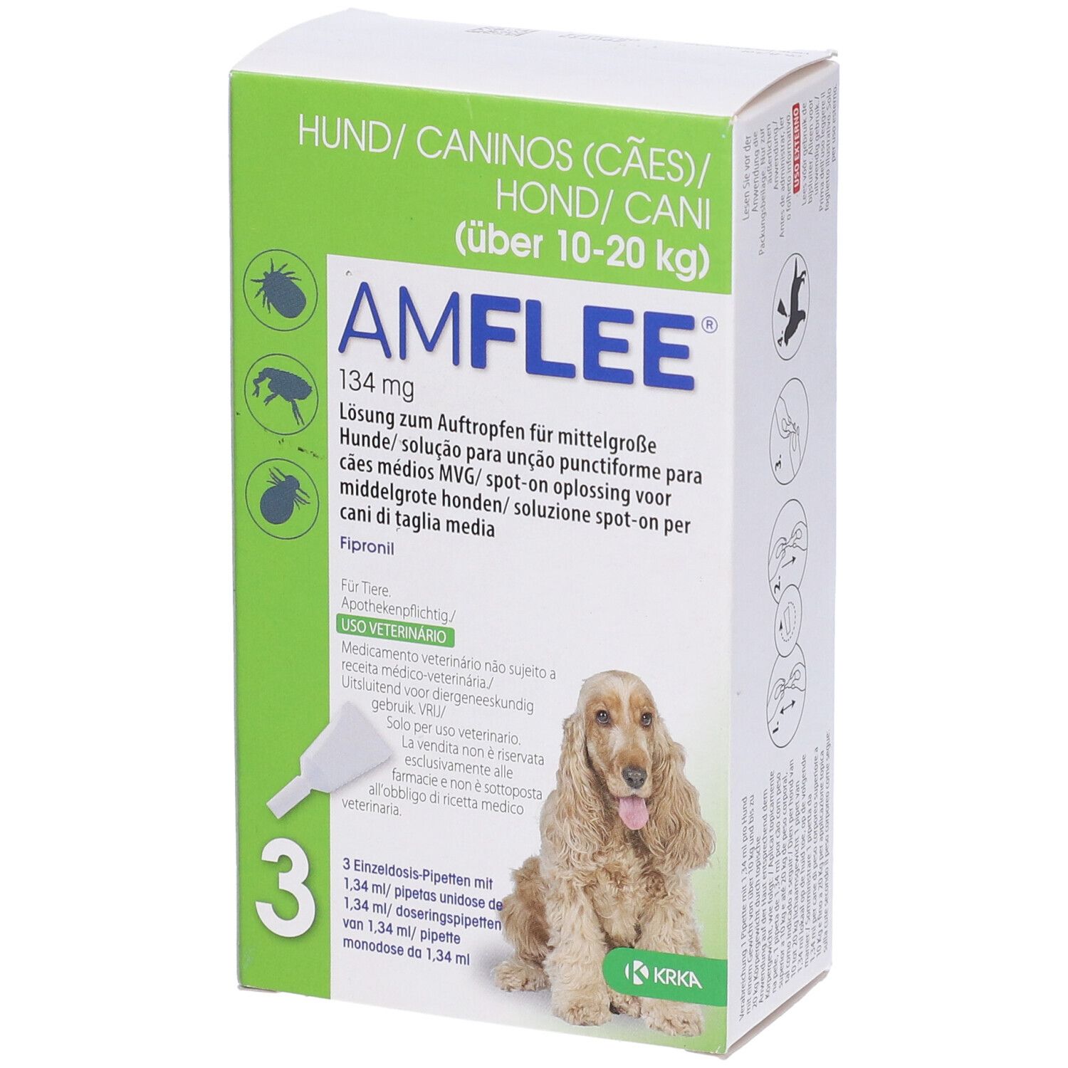 Amflee Combo Spot-On Soluzione per Cani 3 Pipette da 1,34ml 10-20kg - Antiparassitario per Cani, Pulci e Zecche