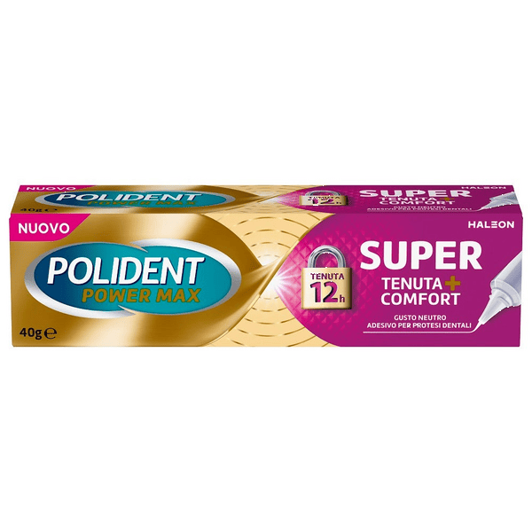 Polident Super Tenuta + Comfort Adesivo per Protesi Dentale Tenuta giornaliera Gusto neutro 40g