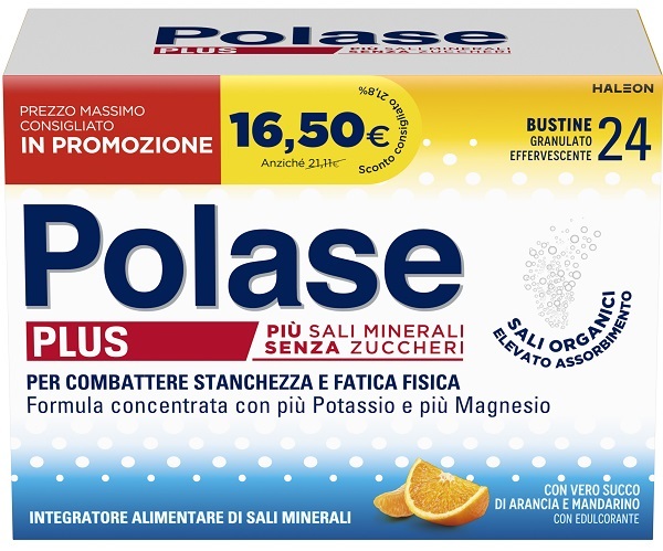 Polase Plus Integratore alimentare di Potassio e Magnesio Senza Zuccheri Gusto Arancia e Mandarino, 24 Bustine