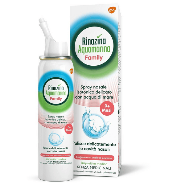 Rinazina Aquamarina Family 100 ml Spray Nasale Isotonico Acqua di Mare Lavaggio Nasale Neonati Adulti