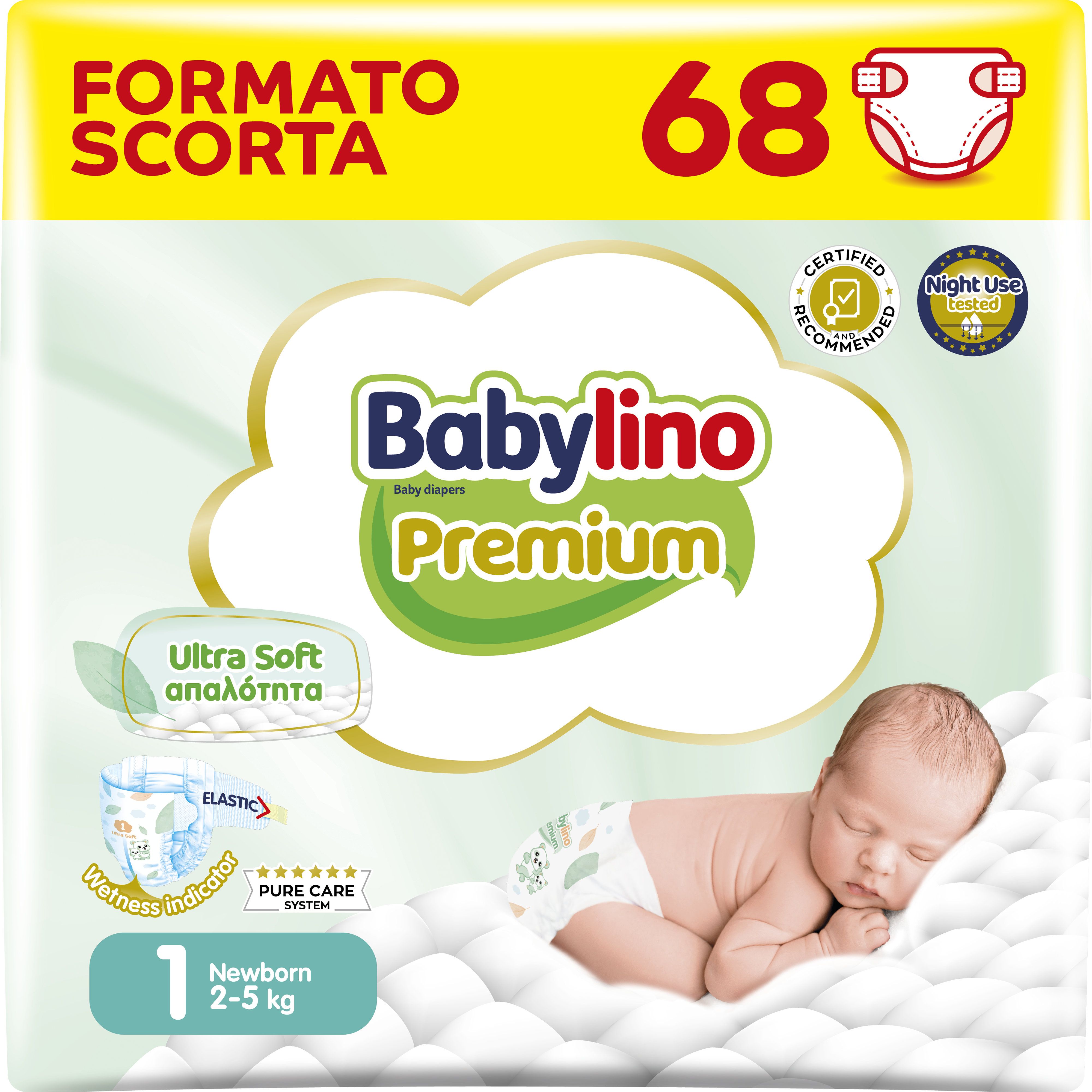 Babylino Premium, Pannolini Neonato Taglia 1 con filtrante ULTRA SOFT, Newborn (2-5Kg), 68 Unità pz
