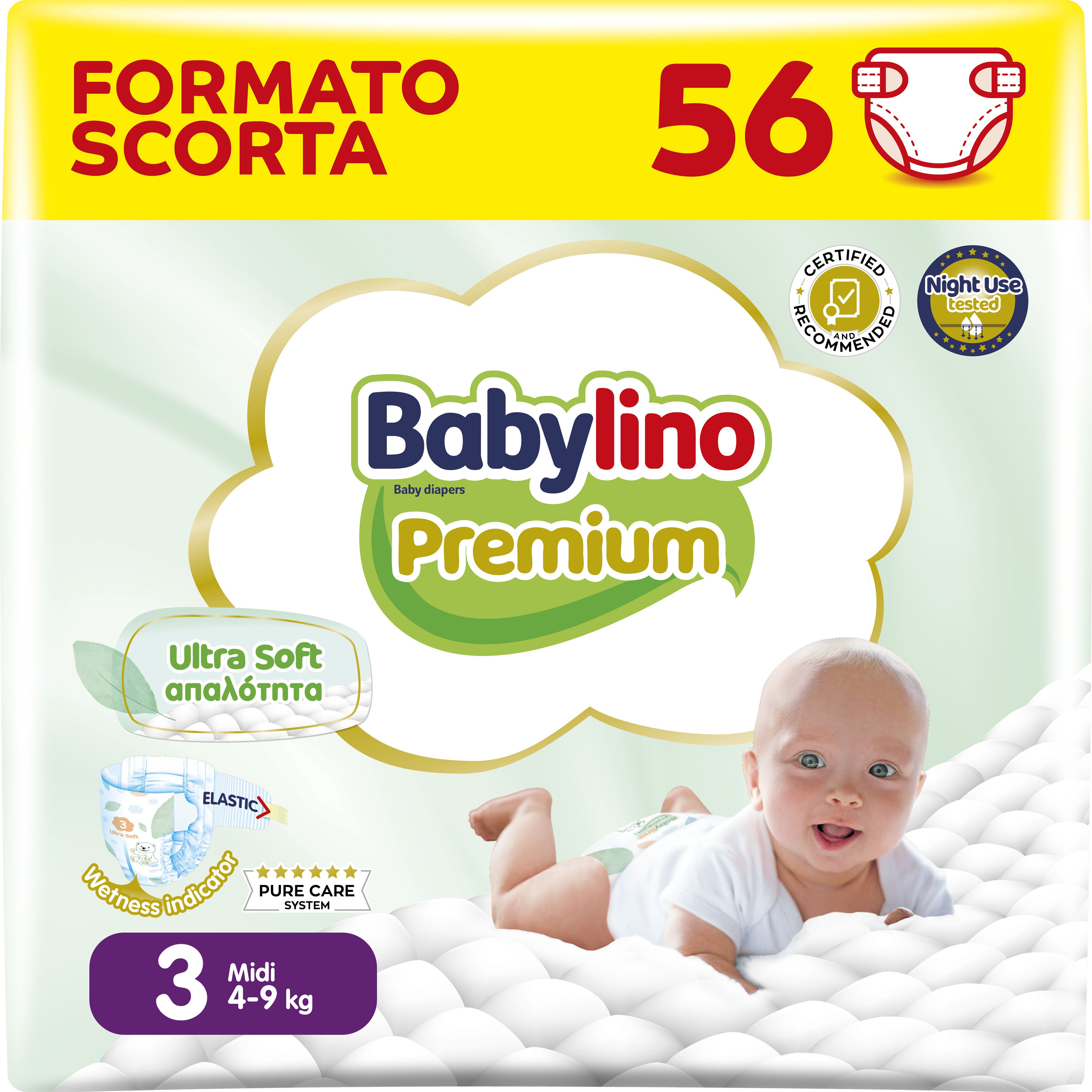 Babylino Premium, Pannolini Taglia 3 con filtrante ULTRA SOFT, Midi (4-9kg), 56 Unità pz