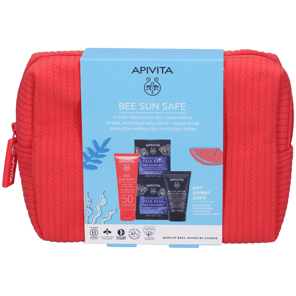 Apivita Bee Sun Safe Hydra Fresh Set Solare Crema Gel Viso SPF50 + Maschera Viso Idratante + Black Detox e Pochette in Regalo
