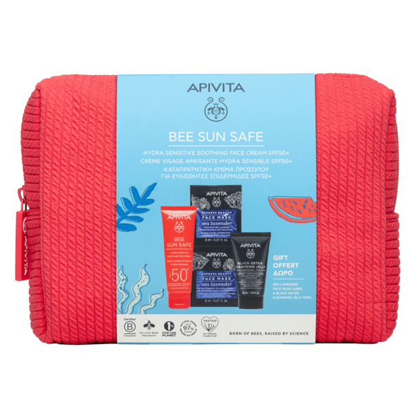 Apivita Bee Sun Safe Set Solare con Crema Viso Lenitiva Hydra Sensitive SPF50+ + Maschera Viso Idratante + Black Detox e Pochette in Regalo