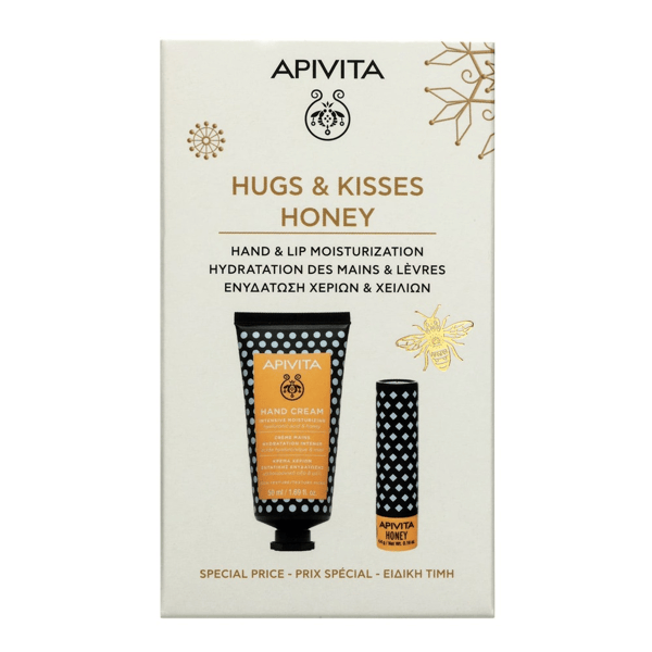 Apivita Cofanetto regalo HUGS & KISSES HONEY con Crema Mani Idratante al Miele 50 ml + Balsamo Labbra con Miele 4,4 g