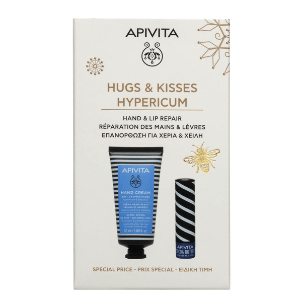 Apivita Cofanetto Regalo HUGS & KISSES HYPERICUM Crema Mani secce e screpolate 50 ml e Balsamo Labbra idratante SPF20 4,4 g