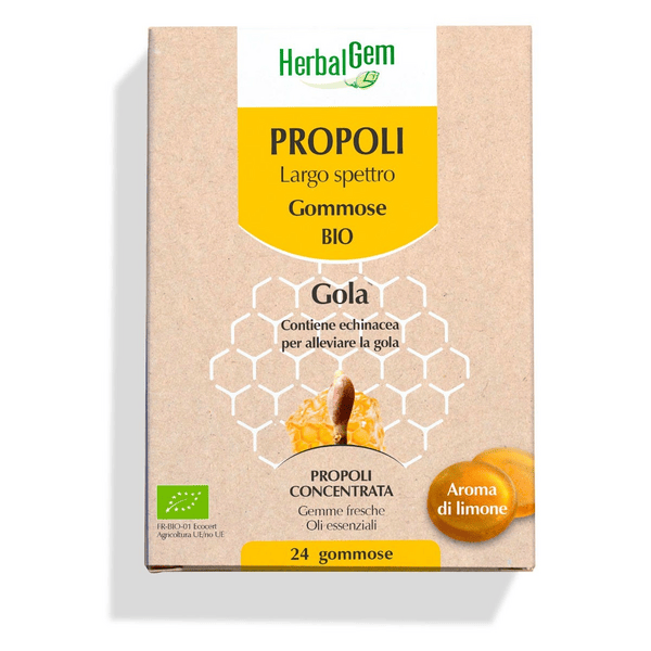 HerbalGem Propoli Largo Spettro Gommose Bio Gola Sensibile e Raffreddore 24 Gommose