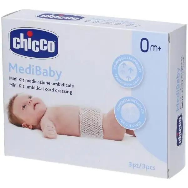 Chicco Mini Kit Medicazione Ombelicale Neonato 3 Bende Elastiche + 3 Garze 10x10 Cm
