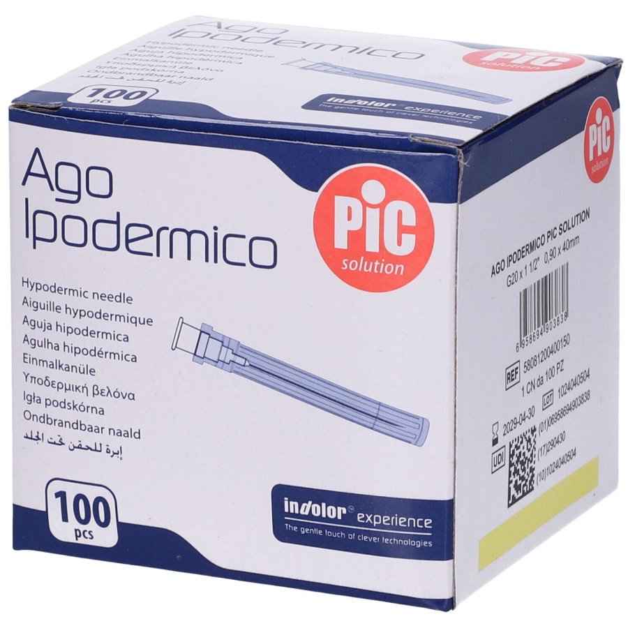 Pic Ago Ipodermico G20 1 1/2 - Ago ipodermico monouso sterile per iniezioni, 100 aghi