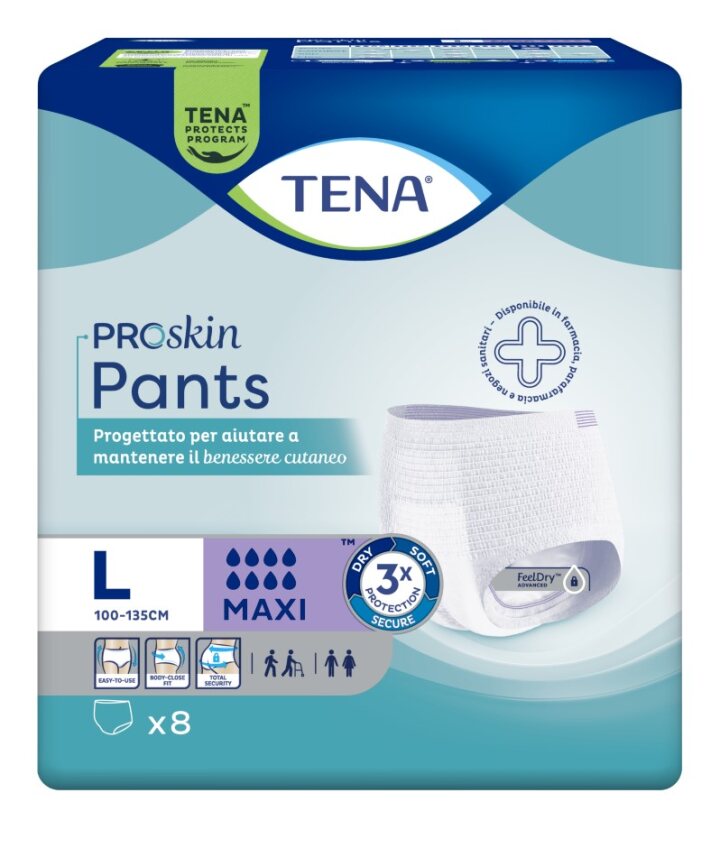 Tena Pants Maxi Pannoloni Mutandine Assorbenti Taglia L 8 Pezzi - Protezione Tripla e Comfort Anatomico per Incontinenza